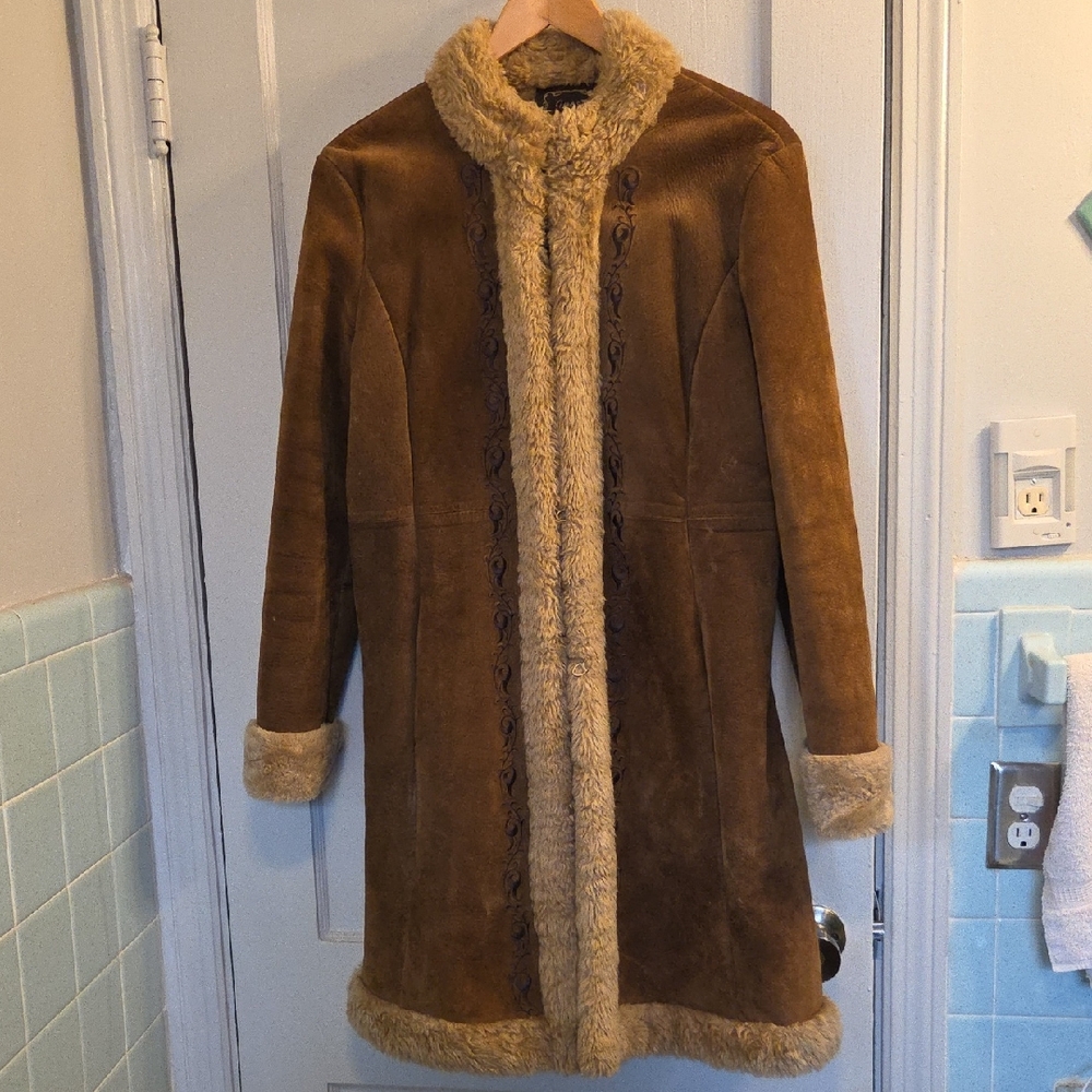 Guess Penny Lane Emroidered Suede Coat, Faux Shearling Lining L